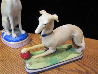 ANTIQUE LOT OF 3 STAFFORDSHIRE BISQUE PORCELAIN WHIPPET DOG FIGURES - DAMAGED